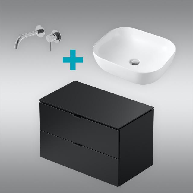PREMIUM 100 washbasin with vanity unit and basin fitting front/corpus silk matt black, fitting chrome