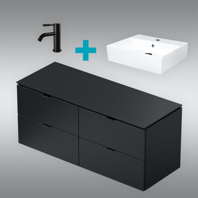 PREMIUM 100 washbasin with vanity unit and basin fitting silk matt black, mixer matt black