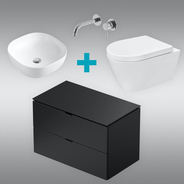 PREMIUM 100 washbasin with vanity unit, basin fitting and wall-mounted toilet, rimless, with toilet seat front/corpus silk matt black, fitting chrome