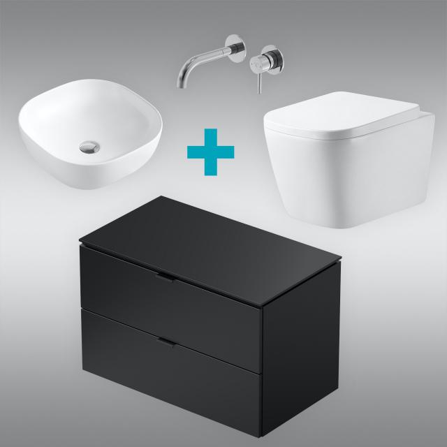 PREMIUM 100 washbasin with vanity unit, basin fitting and wall-mounted toilet, rimless, with toilet seat front/corpus silk matt black, fitting chrome