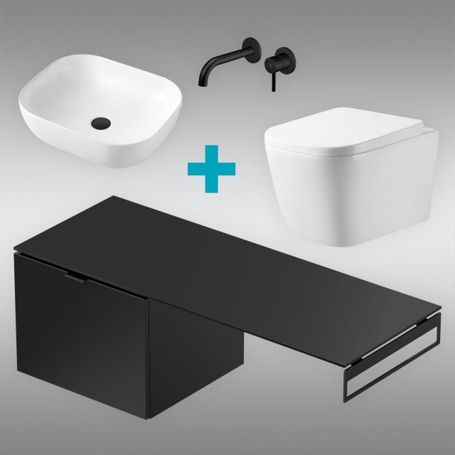 PREMIUM 100 washbasin with vanity unit, basin fitting and wall-mounted toilet, rimless, with toilet seat front/corpus silk matt black, fitting matt black