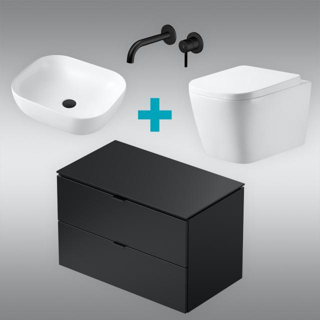 PREMIUM 100 washbasin with vanity unit, basin fitting and wall-mounted toilet, rimless, with toilet seat silk matt black, mixer matt black