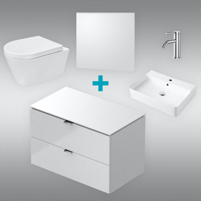 PREMIUM 100 washbasin with vanity unit, basin fitting, mirror and wall-mounted toilet, rimless, with toilet seat front/corpus white high gloss, fitting chrome