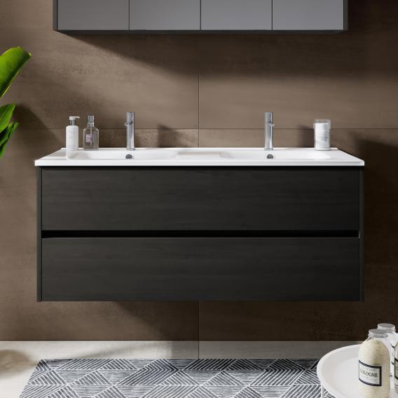 Riho Porto Square double washbasin with vanity unit and mirror cabinet dark grey oak