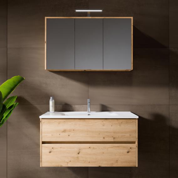 Riho Porto Wave washbasin with vanity unit and mirror cabinet light oak