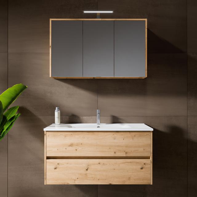 Riho Porto Square washbasin with vanity unit and mirror cabinet light oak