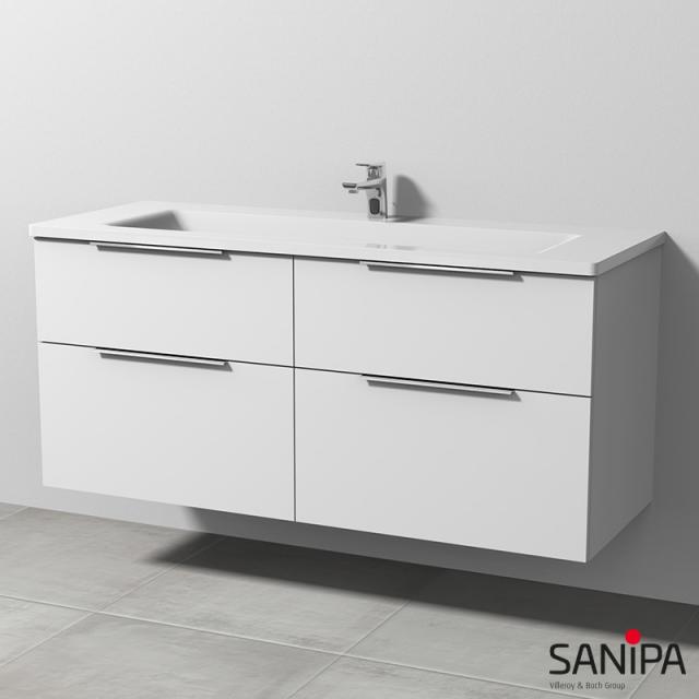 Sanipa 3way Lavabo avec meuble sous-lavabo, 4 tiroirs Façade blanc soft/corps du meuble blanc soft, avec poignée baguette