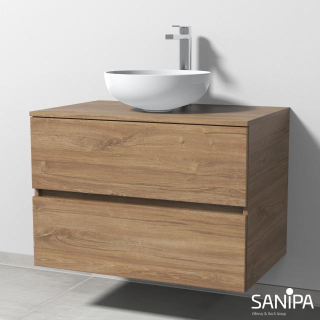 Sanipa Solo One Eloquo washbasin with vanity unit with 2 pull-out compartments front kansas oak / corpus kansas oak, with 1 tap hole