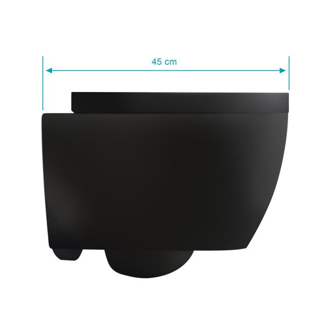 Scarabeo Moon wall-mounted, washdown toilet with toilet seat, rimless, short version matt black, with BIO System coating