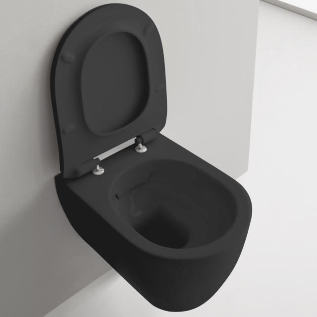 Scarabeo Moon wall-mounted, washdown toilet with toilet seat, rimless matt black, with BIO System coating