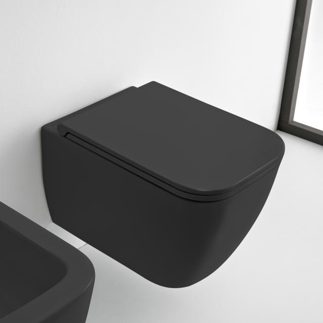 Scarabeo Teorema 2.0 wall-mounted, washdown toilet with toilet seat, rimless matt black, with BIO System coating