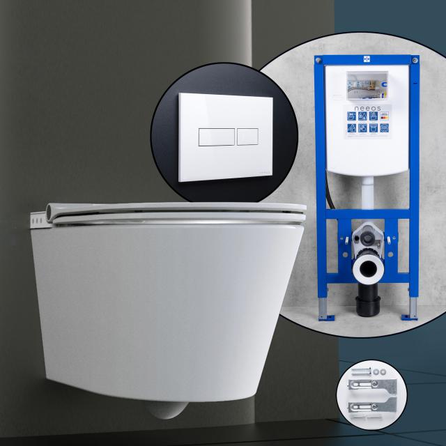 Schütte Cesari complete SET shower toilet with neeos pre-wall element, flush plate with rectangular button in white
