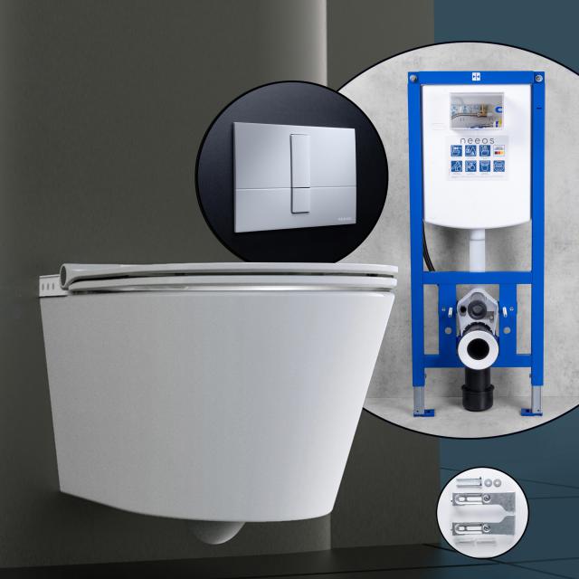 Schütte Cesari Pack complet WC lavant et bâti-support neeos, Plaque de déclenchement avec dispositif d’actionnement vertical et rectangulaire, chrome mat