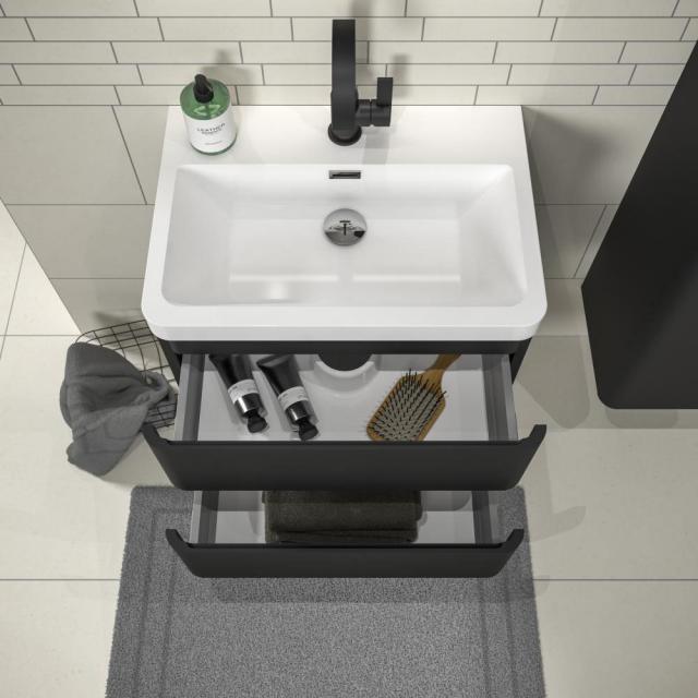 treos Series 920 washbasin with vanity unit with 2 pull-out compartments front black silk matt / corpus black silk matt, with 1 tap hole