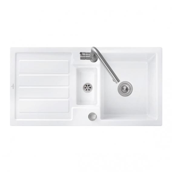Villeroy & Boch Flavia 60 kitchen sink with half bowl and drainer, reversible white alpine high gloss/position boreholes 3 and 4, with pop-up operation