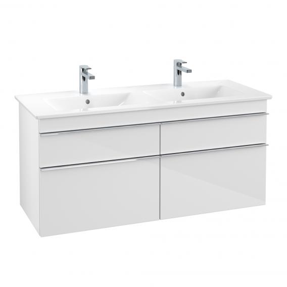 Villeroy & Boch Venticello double washbasin with vanity unit with 4 pull-out compartments front glossy white / corpus glossy white, handle chrome, WB white, with CeramicPlus, with 2 tap holes