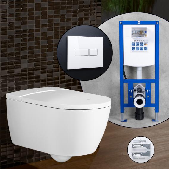 Villeroy & Boch ViClean complete SET shower toilet with neeos pre-wall element, flush plate with rectangular button in white, toilet in white