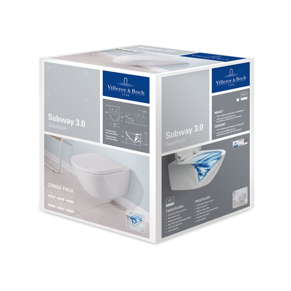 Villeroy & Boch Subway 3.0 Cuvette suspendue à fond creux TwistFlush , avec  abattant blanc, avec CeramicPlus, abattant amovible avec fermeture amortie  - 4670TSR1