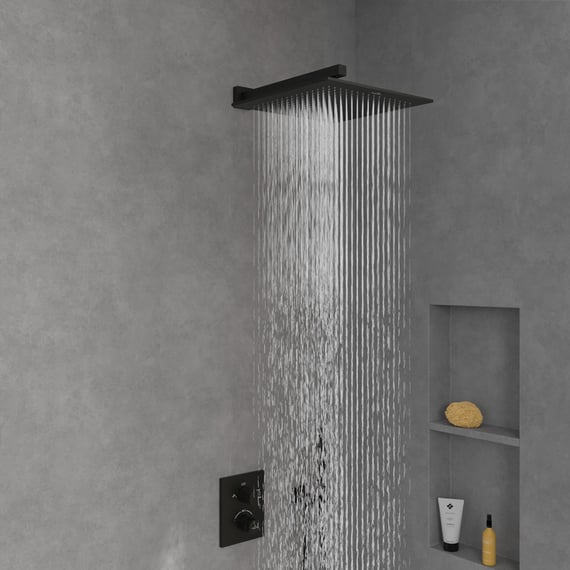 Homedec Thermostat Duschsystem Mattschwarz – Mit Regendusche, Körperdüsen & Handbrause, 30,5 Cm, Messing