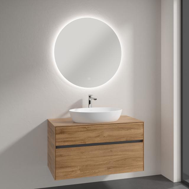 Villeroy & Boch Artis countertop washbasin with Embrace vanity unit and More to See Lite mirror front kansas oak/mirrored / corpus kansas oak, recessed handle matt anthracite, WB white, with CeramicPlus