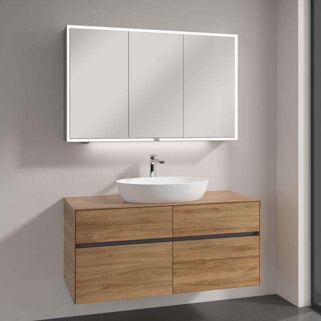 Villeroy & Boch Artis countertop washbasin with Embrace vanity unit and My View Now mirror cabinet front kansas oak/mirrored / corpus kansas oak/mirrored, recessed handle matt anthracite, WB white, with CeramicPlus