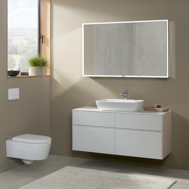 Villeroy & Boch Artis countertop washbasin with Embrace vanity unit and My View Now mirror cabinet glossy white/mirrored, recessed handle matt white, basin white, with CeramicPlus