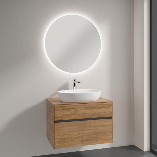 Villeroy & Boch Artis countertop washbasin with Embrace vanity unit and More to See Lite mirror kansas oak/mirrored, recessed handle matt anthracite, basin white, with CeramicPlus