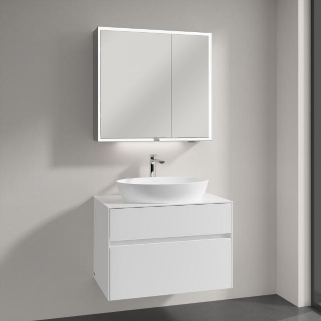 Villeroy & Boch Artis countertop washbasin with Embrace vanity unit and My View Now mirror cabinet front glossy white/mirrored / corpus glossy white/mirrored, recessed handle matt white, WB white, with CeramicPlus