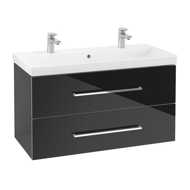 Villeroy & Boch Avento double washbasin with vanity unit with 2 pull-out compartments front crystal black/corpus crystal black, WB white, with CeramicPlus