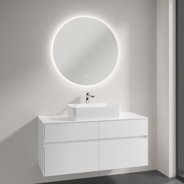 Villeroy & Boch Collaro countertop washbasin with Embrace vanity unit and More to See Lite mirror front glossy white/mirrored / corpus glossy white, recessed handle matt white, WB white, with CeramicPlus