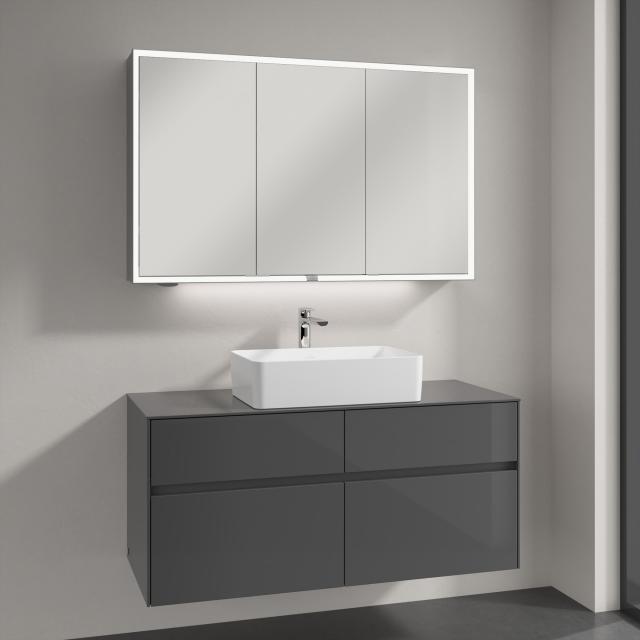 Villeroy & Boch Collaro countertop washbasin with Embrace vanity unit and My View Now mirror cabinet front glossy grey/mirrored / corpus glossy grey/mirrored, recessed handle matt anthracite, WB white, with CeramicPlus