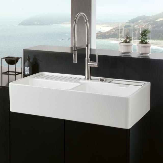 Villeroy & Boch double butler sink white alpine high gloss/position boreholes 1 and 2, with pop-up operation