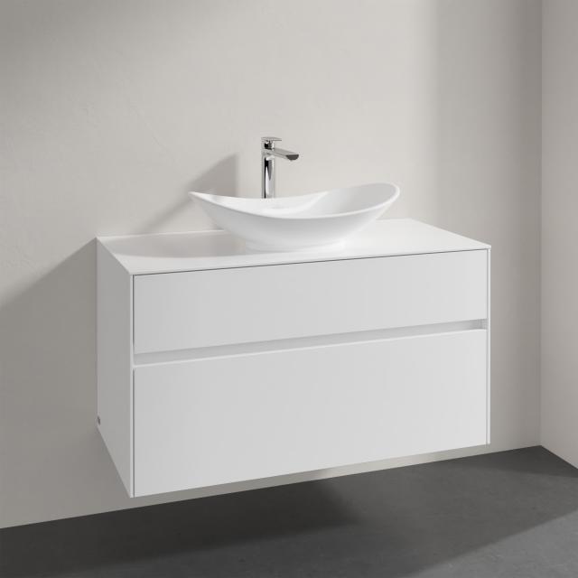 Villeroy & Boch Embrace vanity unit with 2 pull-out compartments for 1 countertop washbasin glossy white, furniture top glossy white, recessed handle matt white