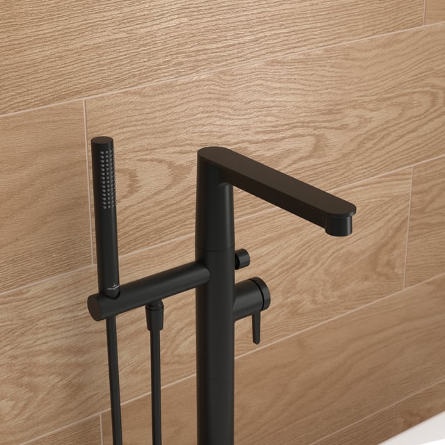 Villeroy & Boch Loop & Friends Badewannenarmatur Set (4-in-1) – Aufputz, Matt Black, Mit Handbrause, Schlauch Und Halter, AirPlus Technologie