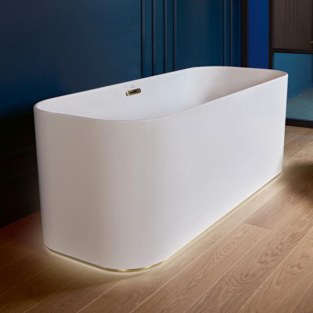 Villeroy & Boch Finion freestanding oval bath with Emotion function stone white, champagne, with integrated water inlet, with designer ring