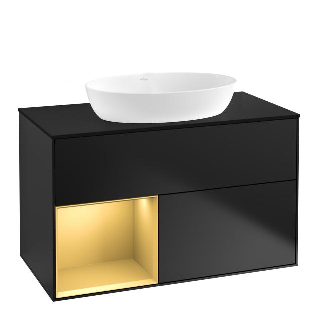 Villeroy & Boch Finion vanity unit for countertop washbasin with 2 pull-out compartments, rack element left front matt black / corpus matt black/matt gold, top cover matt black