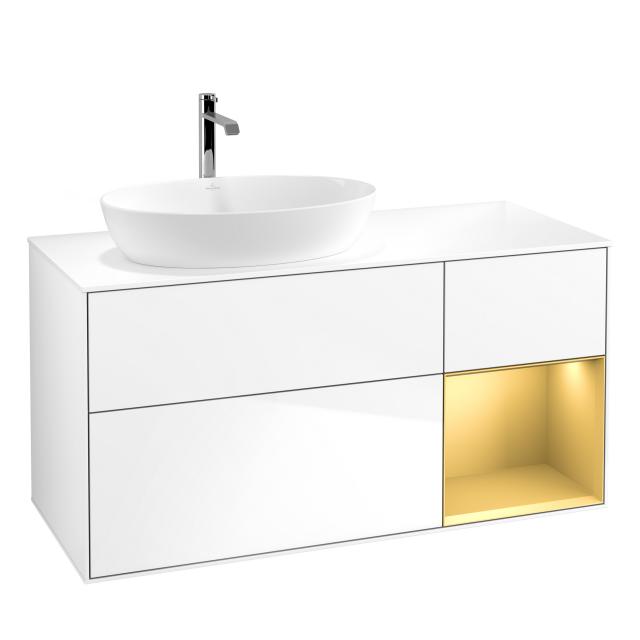 Villeroy & Boch Finion vanity unit for countertop washbasin with 3 pull-out compartments, rack element right front glossy white / corpus glossy white/matt gold, top cover matt white