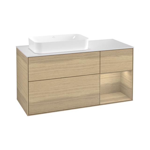 Villeroy & Boch Finion vanity unit with 3 pull-out compartments for countertop basins, rack element right front oak veneer / corpus oak veneer, top cover matt white
