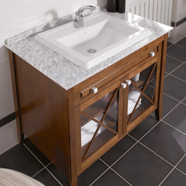 Villeroy & Boch Hommage vanity unit with washbasin, 2 doors and 1 pull-out compartment front walnut / corpus walnut, white with CeramicPlus, white handles