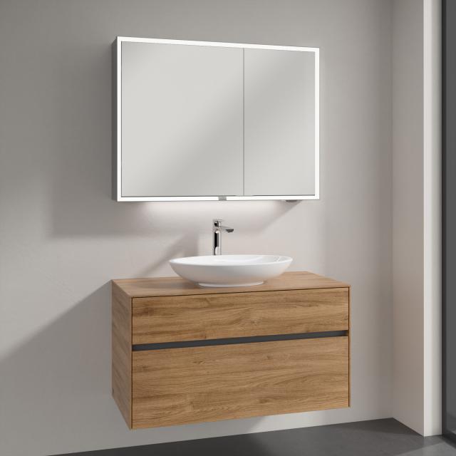 Villeroy & Boch Loop & Friends countertop washbasin with Embrace vanity unit and My View Now mirror cabinet front kansas oak/mirrored / corpus kansas oak/mirrored, recessed handle matt anthracite, WB white, with CeramicPlus, with overflow