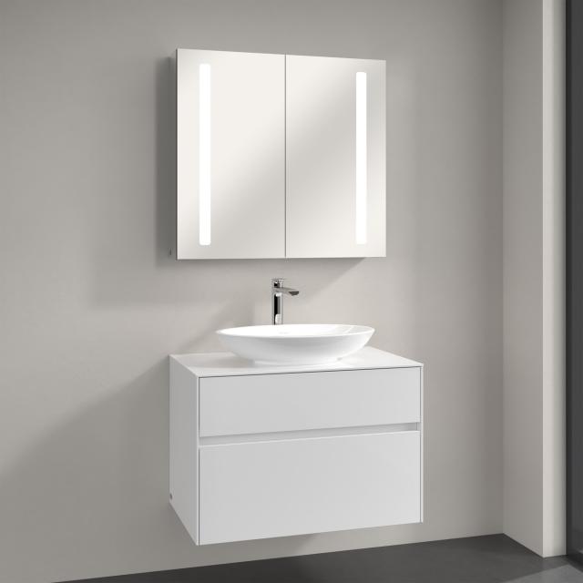Villeroy & Boch Loop & Friends countertop washbasin with Embrace vanity unit and My View 14 mirror cabinet front glossy white/mirrored / corpus glossy white/mirrored, recessed handle matt white, WB white, with CeramicPlus, with overflow