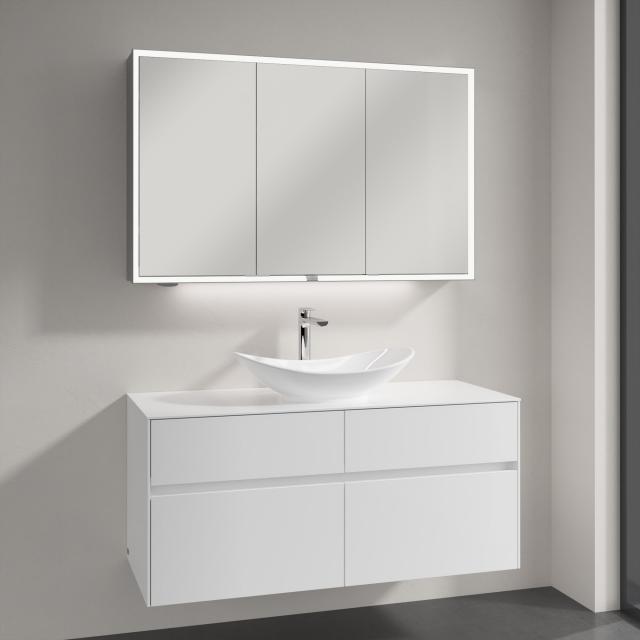 Villeroy & Boch My Nature countertop washbasin with Embrace vanity unit and My View Now mirror cabinet front glossy white/mirrored / corpus glossy white/mirrored, recessed handle matt white, WB white, with CeramicPlus
