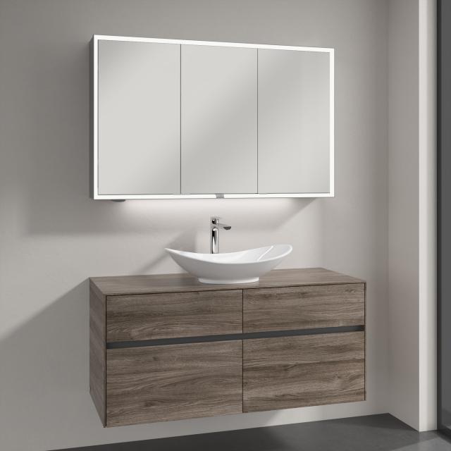 Villeroy & Boch My Nature countertop washbasin with Embrace vanity unit and My View Now mirror cabinet front stone oak/mirrored / corpus stone oak/mirrored, recessed handle matt anthracite, WB white, with CeramicPlus