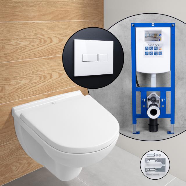 Villeroy & Boch O.novo Compact complete SET wall-mounted toilet with neeos pre-wall element, flush plate with rectangular button in white