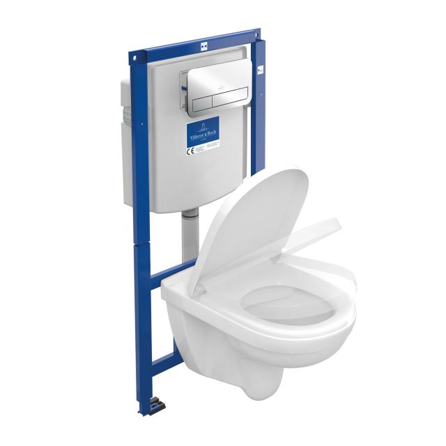 Villeroy & Boch O.novo wall-mounted washdown toilet ViConnect combi pack, open flush rim, with toilet seat chrome flush plate