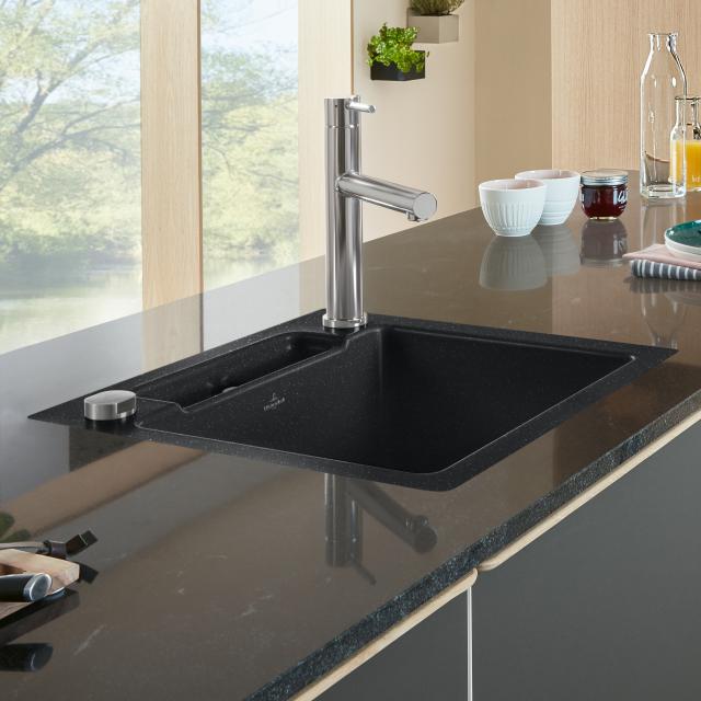 Villeroy & Boch Siluet 50 S Flat kitchen sink, reversible chromite gloss/position boreholes 1 and 2, with pop-up operation