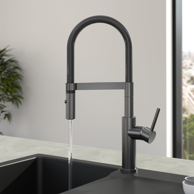 Schwarze Küchenarmatur Mit Sprüher – Mattschwarz, 3/4-Loch Montage, Für Küche, Wohnmobil, Utility, Modell KMF023B-2