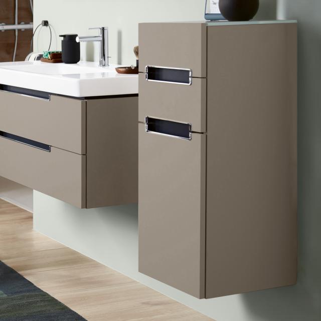 Villeroy & Boch Subway 2.0 side unit with 1 door and 2 drawers front truffle grey / corpus truffle grey, silver grey top, chrome handles