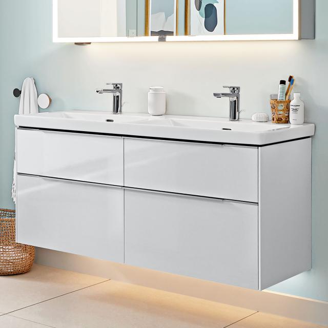 Villeroy & Boch Subway 3.0 double washbasin with vanity unit with 4 pull-out compartments brilliant white, handle strip aluminium gloss, basin white, with Ceramic Plus, with 2 tap holes, with overflow