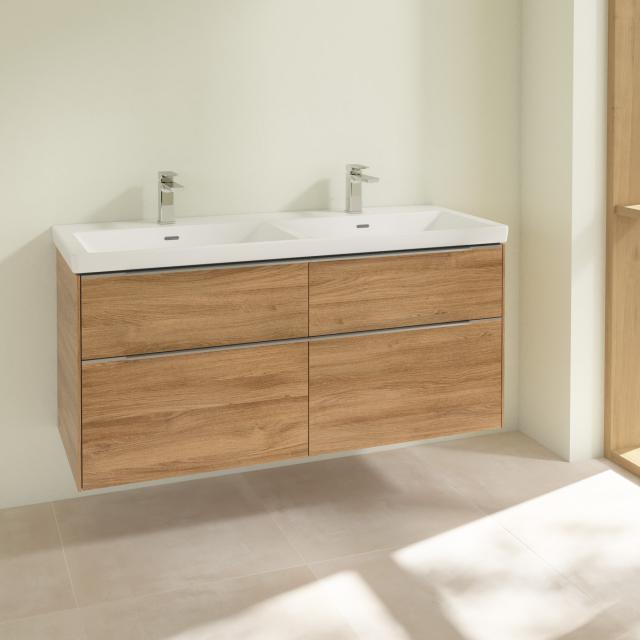 Villeroy & Boch Subway 3.0 double washbasin with vanity unit with 4 pull-out compartments front kansas oak / corpus kansas oak, handle strip aluminium gloss, WB white, with CeramicPlus, with 2 tap holes, with overflow